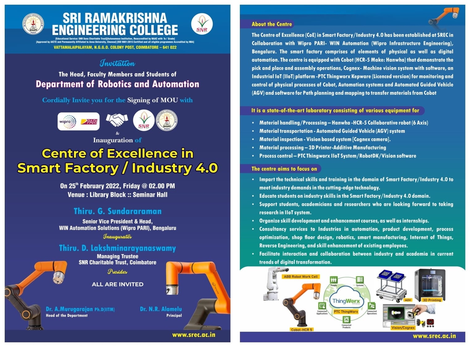 E-Invite: Signing of MoU with Wipro PARI &Inauguration of Centre of Excellence in Smart Factory/Industry 4.0-SREC