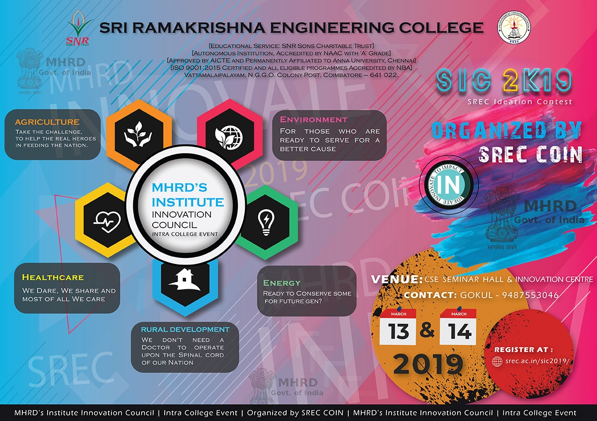 SREC- CoIN recognized by MHRD's Institution Innovation Council is organizing an Ideation contest on March 13th and 14th.