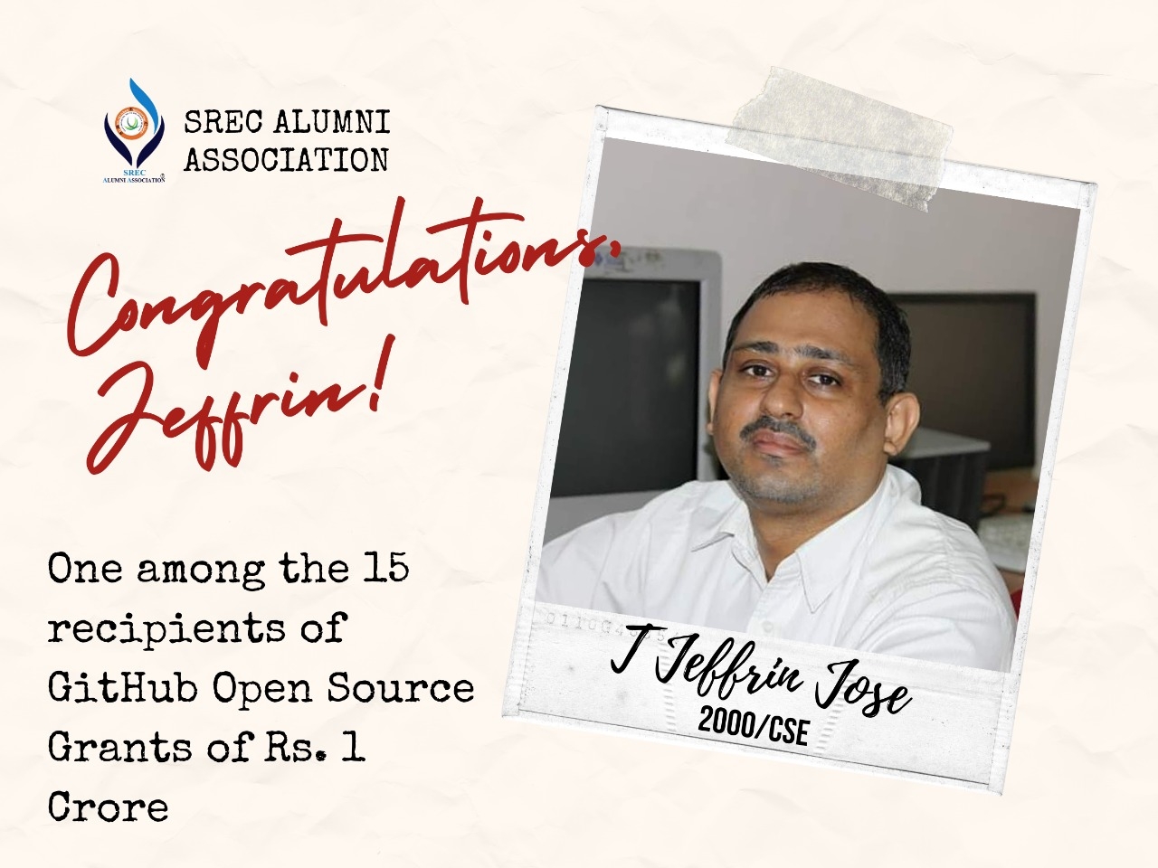 Congratulations!!!!!!!Mr.T.Jeffrin Jose (2000/CSE) - GitHub Open Source Grant of Rs 10 million